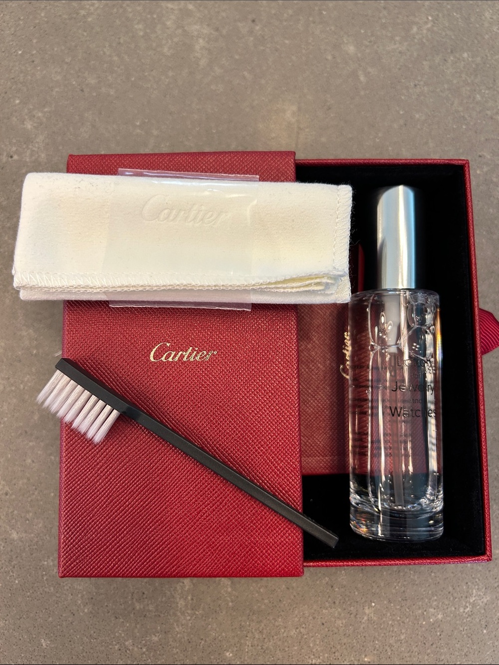 Cartier Red Box Jewelry Care Kit with Clear Spray & White Cloth